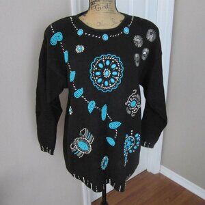 Vintage Victoria Jones Black Sweater with Silver Tone Beads and Turquoise Size L